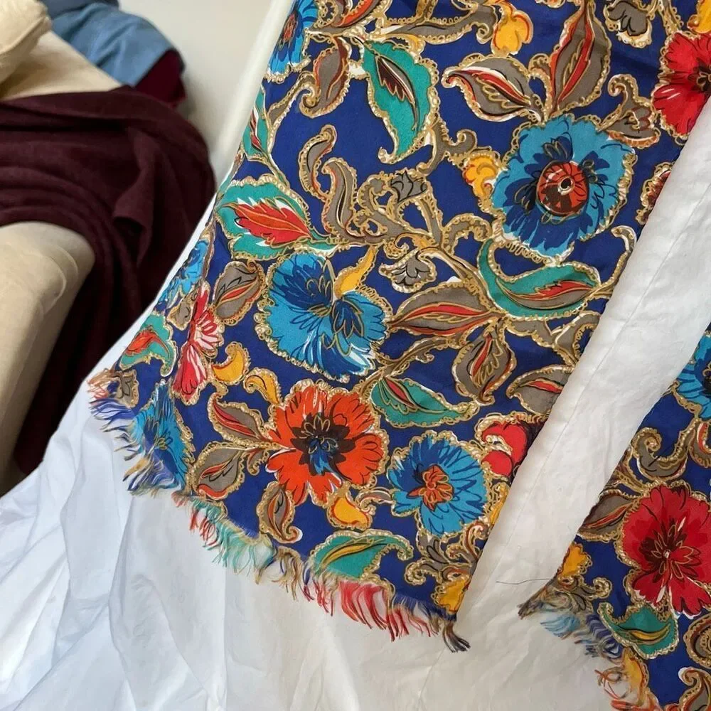 VTG Silk Scarf Jewel Tone Floral Gold Accents Long Fringe Wrap 80x10